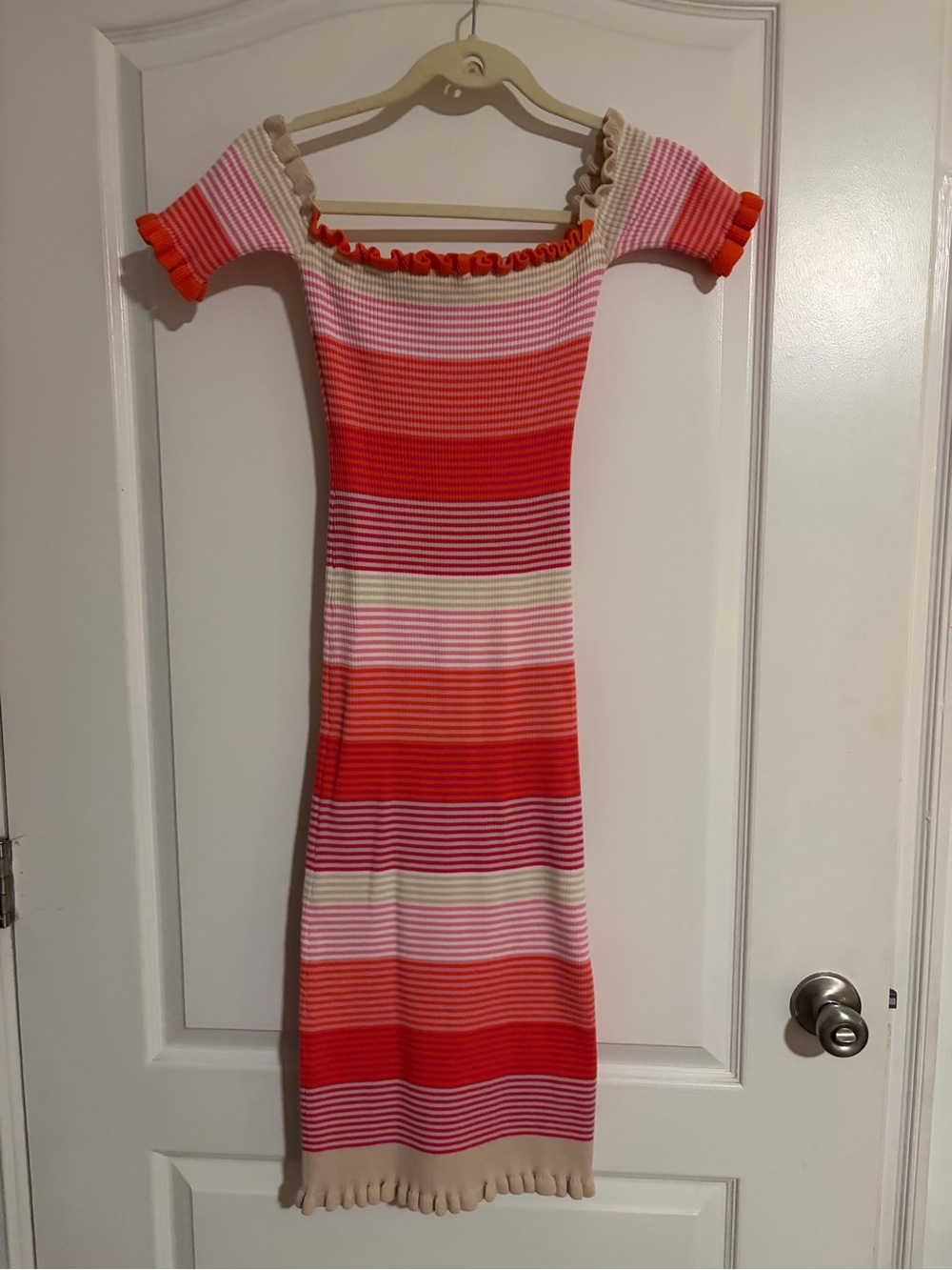 Striped Off-Shoulder Bodycon Dress - Pink, Red, Cream